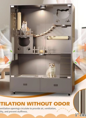 Enclosed Cat Condo Large Indoor Wooden Cat House with Litte