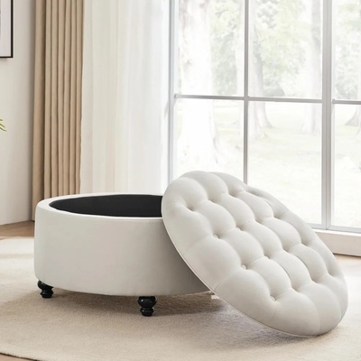 30-Inch Round Storage Ottoman, Modern Button-Tufted Coffee
