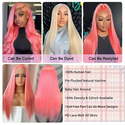 Pink 13x6 Hd Straight Lace Front Wig Human Hair 30 Inch Pin
