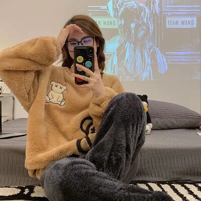 Thickened Warm Flannel Sleepwear Homewear for Winter Round N