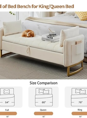 Velvet Storage Bench with Arms Gold Legs 2 Pillows Pockets