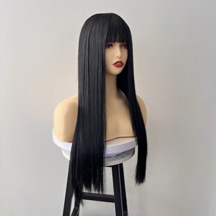 Black synthetic wig with long straight hair for fringe, Hal