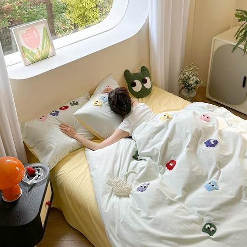 A类婴幼儿级全棉水洗棉四件套床品可爱毛巾绣纯棉三件套床单被套4