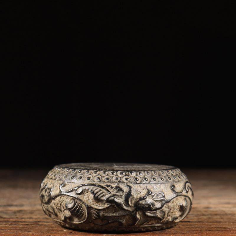 仿古天然青石雕中式复古陈设缠枝莲石鼓壶承茶垫中式茶席装饰摆件