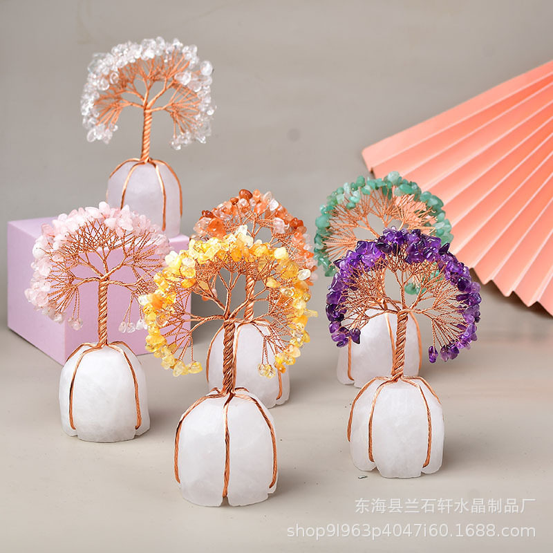 天然白水晶底座碎石七彩水晶饰品手工办公室摆件铜线发财树生命树
