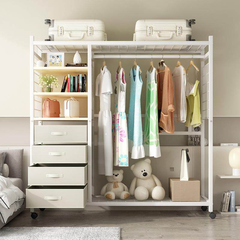 简易衣架落地家用卧室挂衣架可移动衣服架子带轮房间衣帽架带抽屉