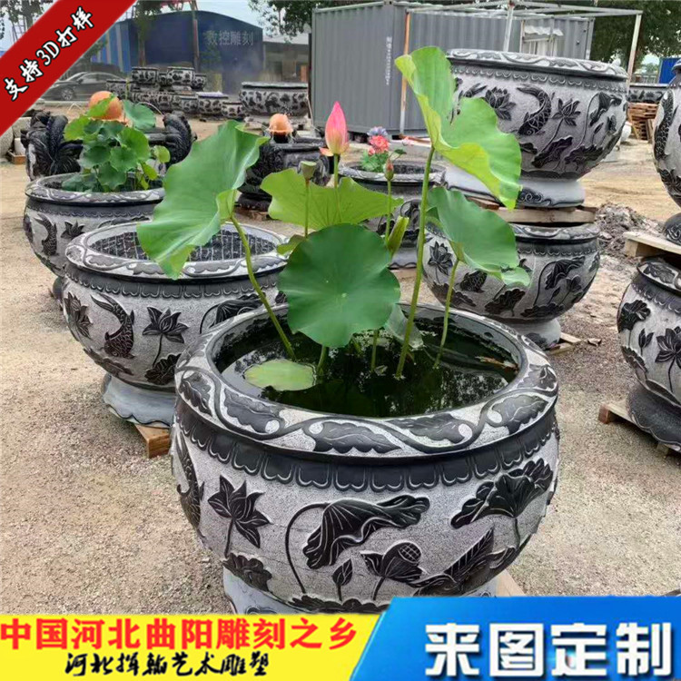 大理石雕鱼缸花缸景观装饰品