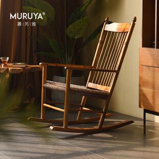 印尼进口摇椅实木休闲家用阳台马洛夫躺椅藤编懒人复古沙发摇椅s^