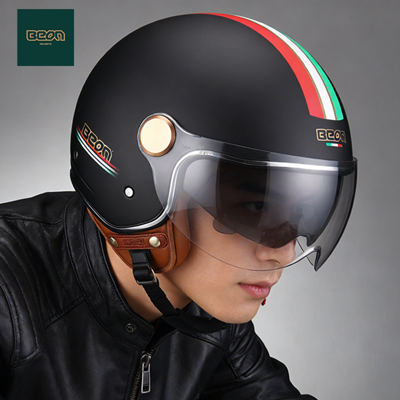 BEON双镜片摩托车头盔男女复古哈雷半盔四分之三盔四季通用3C认证