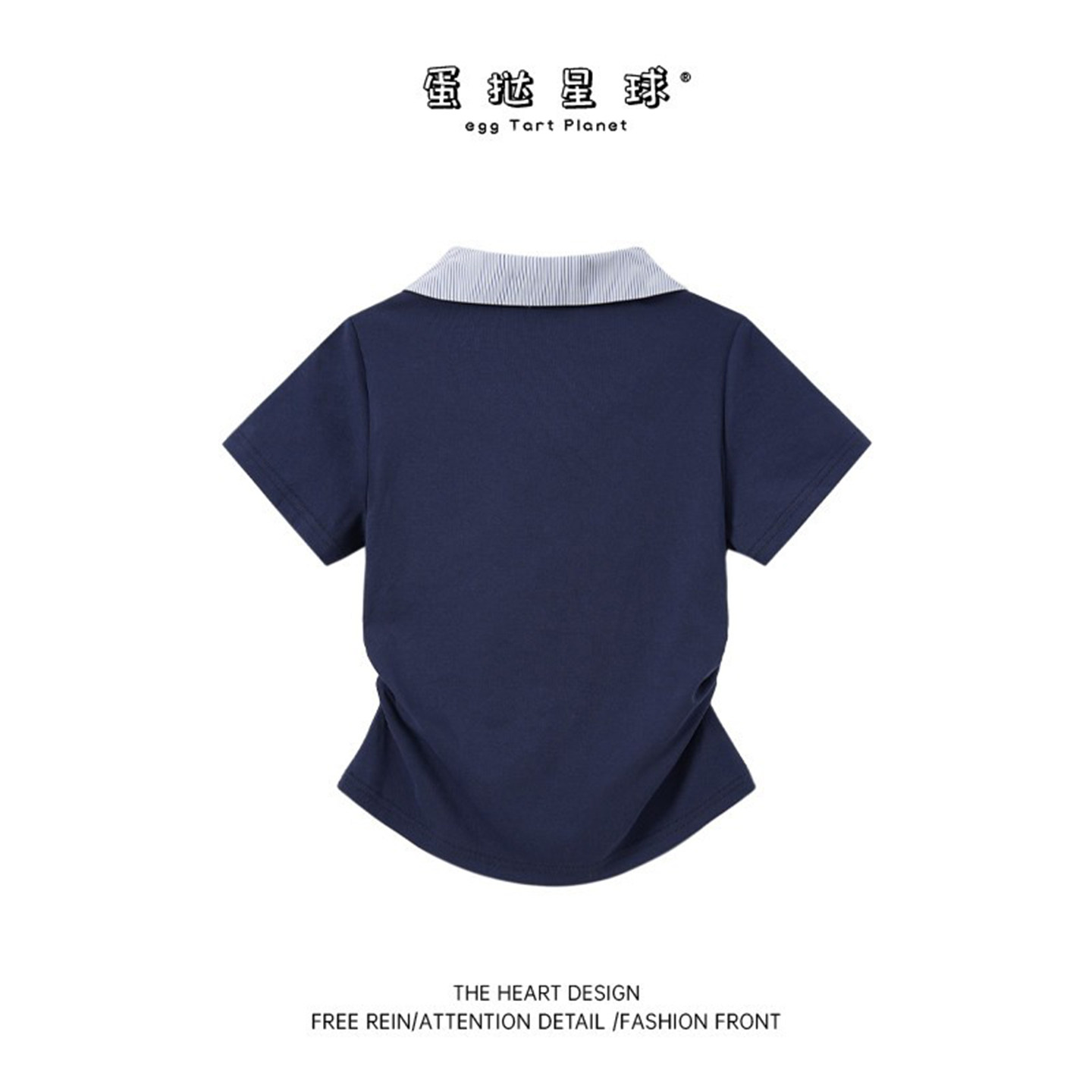 藏青色polo衫女短袖t恤夏季2026新款设计感绑带修身显瘦短款上衣