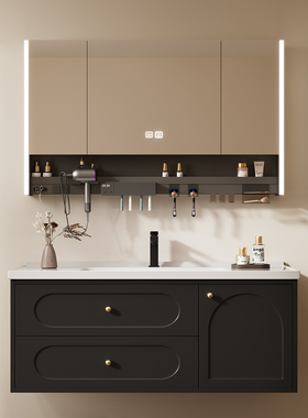 现代简约壁挂式浴室柜组合陶瓷台面LED镜柜储物洗漱台包安装2026