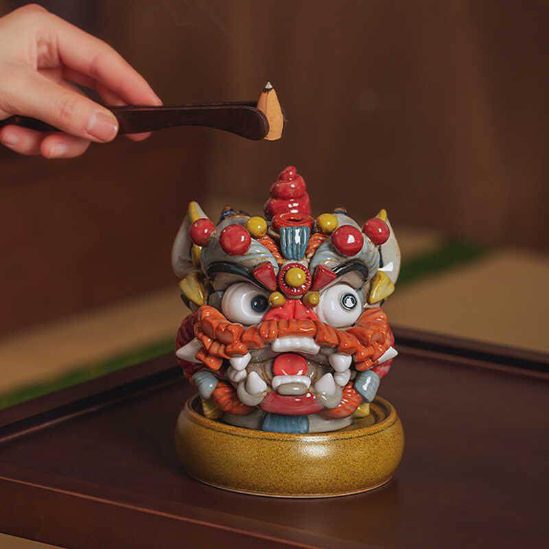 景禧造广东国潮醒狮摆件手工陶瓷茶宠茶桌摆件倒流香香炉开业礼物