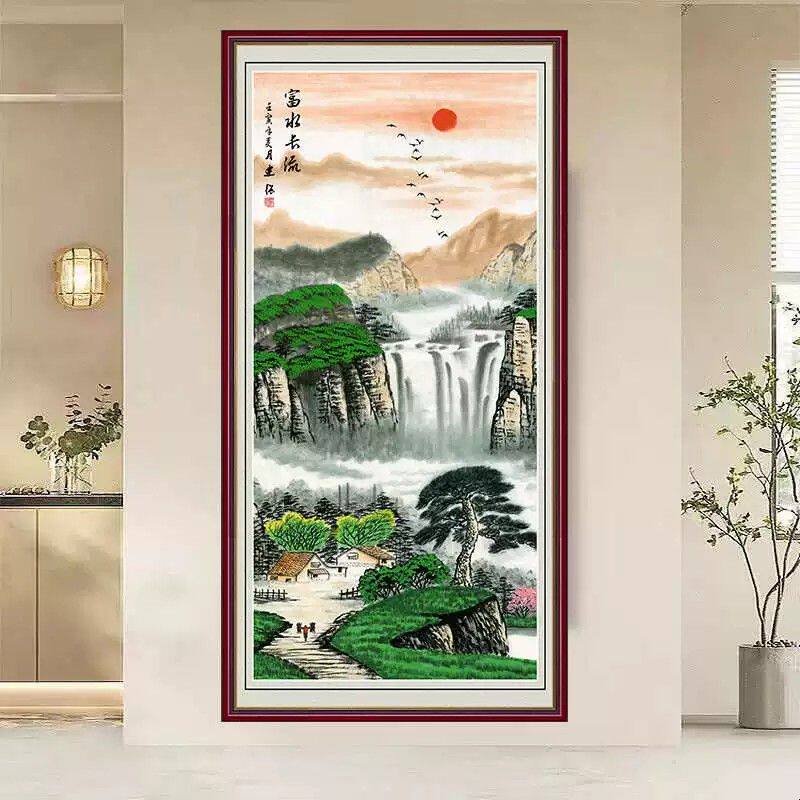画国画山水画竖款走廊壁画玄关装饰画客厅中式粘贴画富水长流牡丹