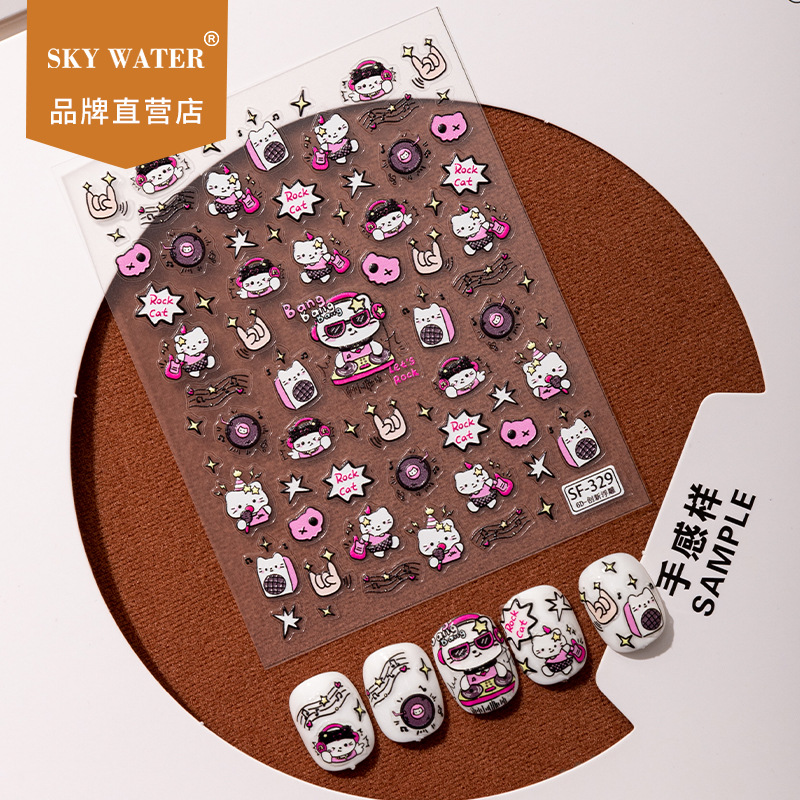 Sky爆款音乐摇滚小猫美甲贴纸卡爱卡通6d浮雕ccd手机壳diy装饰纸