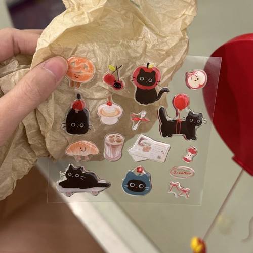 气球小黑猫ins插画果冻贴纸