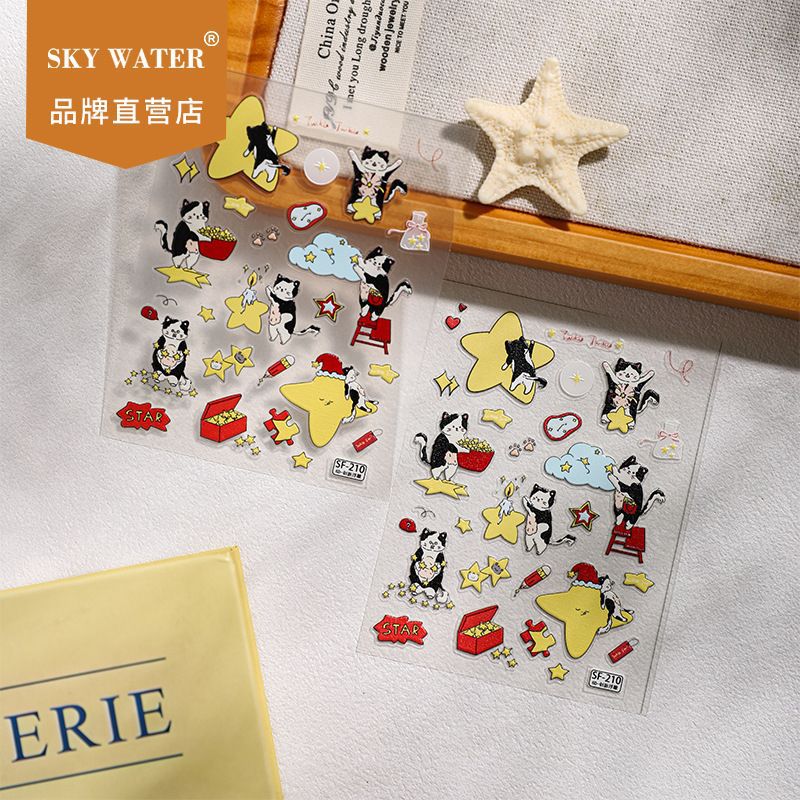 Sky小红书卡通星星猫咪果冻贴纸现货立体浮雕可爱ccd水杯平板装饰