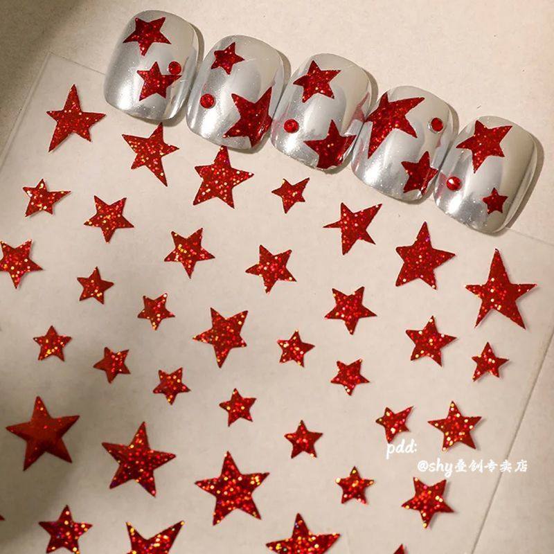 红色爆闪闪金不规则星星美甲贴纸喜庆红飘带超仙指甲diy装饰贴花,彩妆/香水/美妆工具,指甲装饰,淘宝优惠券,粉丝福利购,淘宝优惠卷