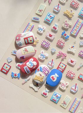 卡通新款可爱糖果小兔浮雕美甲立体贴纸蛋糕小熊笔杆水杯装饰贴花