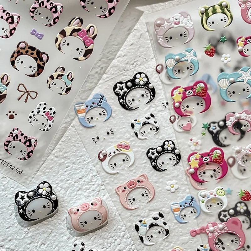 戴帽秋冬新款kitty可爱KT卡通头套立体浮雕美甲贴纸穿戴甲装饰贴