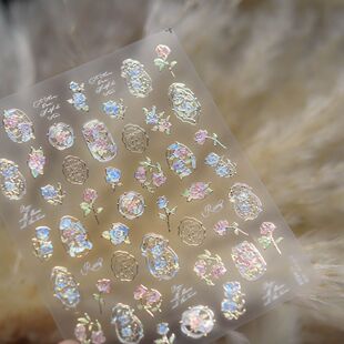 新款彩绘玫瑰花镭射美甲贴纸ins极光仿真花朵diy显白穿戴甲装饰品