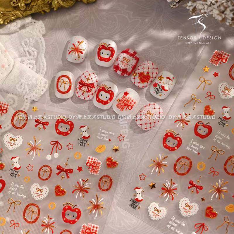 新年红苹果kitty猫蝴蝶结果冻烫金美甲贴纸可爱甜美少女心烟火贴,彩妆/香水/美妆工具,指甲装饰,淘宝优惠券,粉丝福利购,淘宝优惠卷