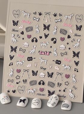 新款斑点狗蝴蝶3D浮雕美甲贴纸y2k暗黑系小众diy指甲装饰贴纸背胶