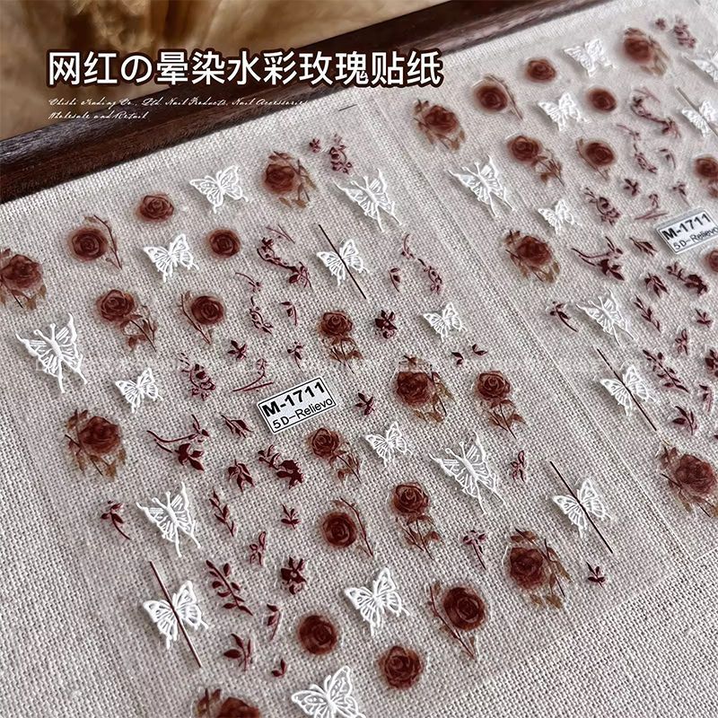 新款复古水墨晕染玫瑰美甲贴纸浮雕立体蝴蝶国风花朵指甲装饰贴花
