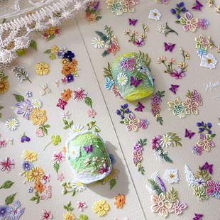 新款 饰贴纸 夏日油画花莫奈花园浮雕美甲贴纸3d多彩可爱花花甜美装