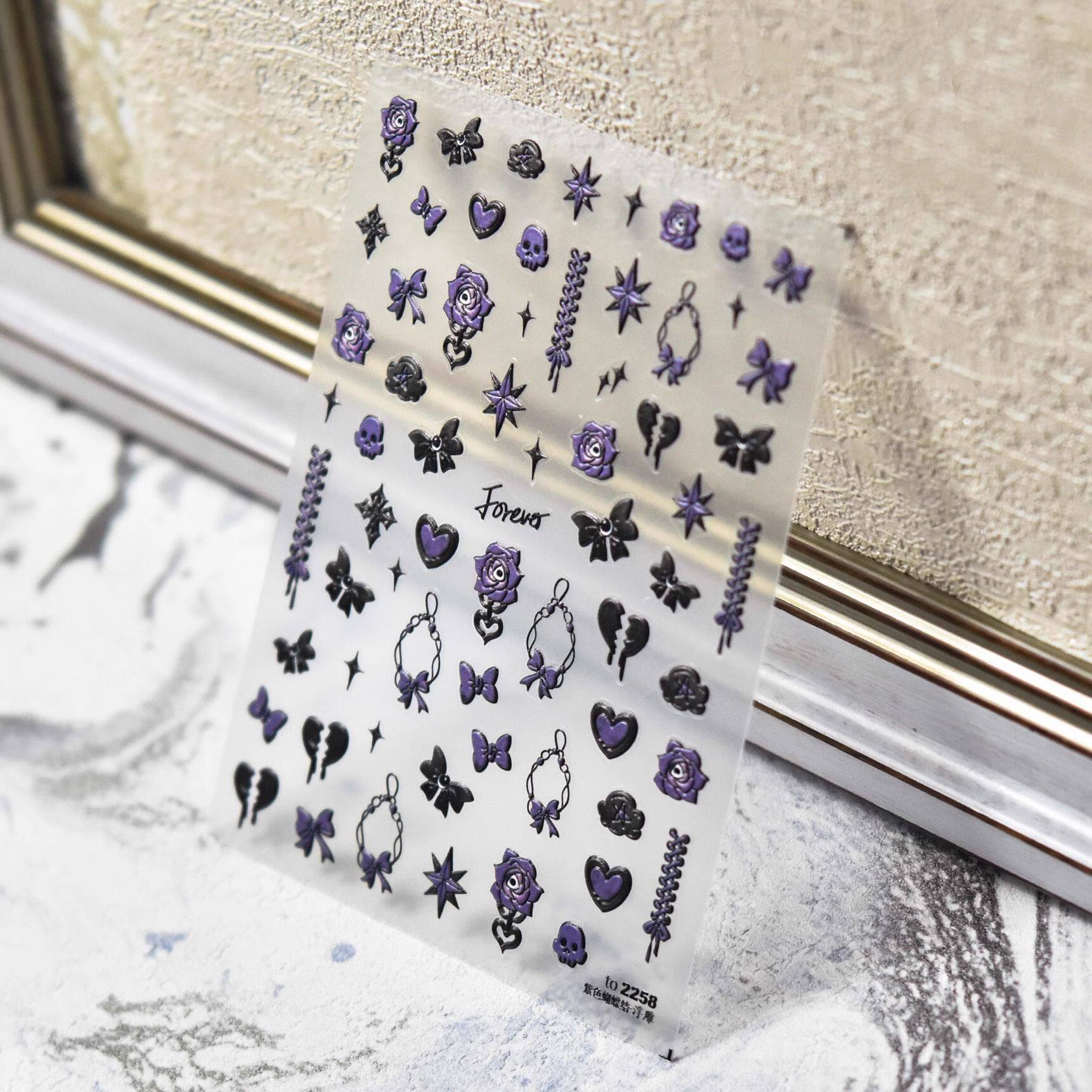 网红爆款紫色爱心蝴蝶结美甲贴纸浮雕立体背胶防水指甲装饰品贴纸