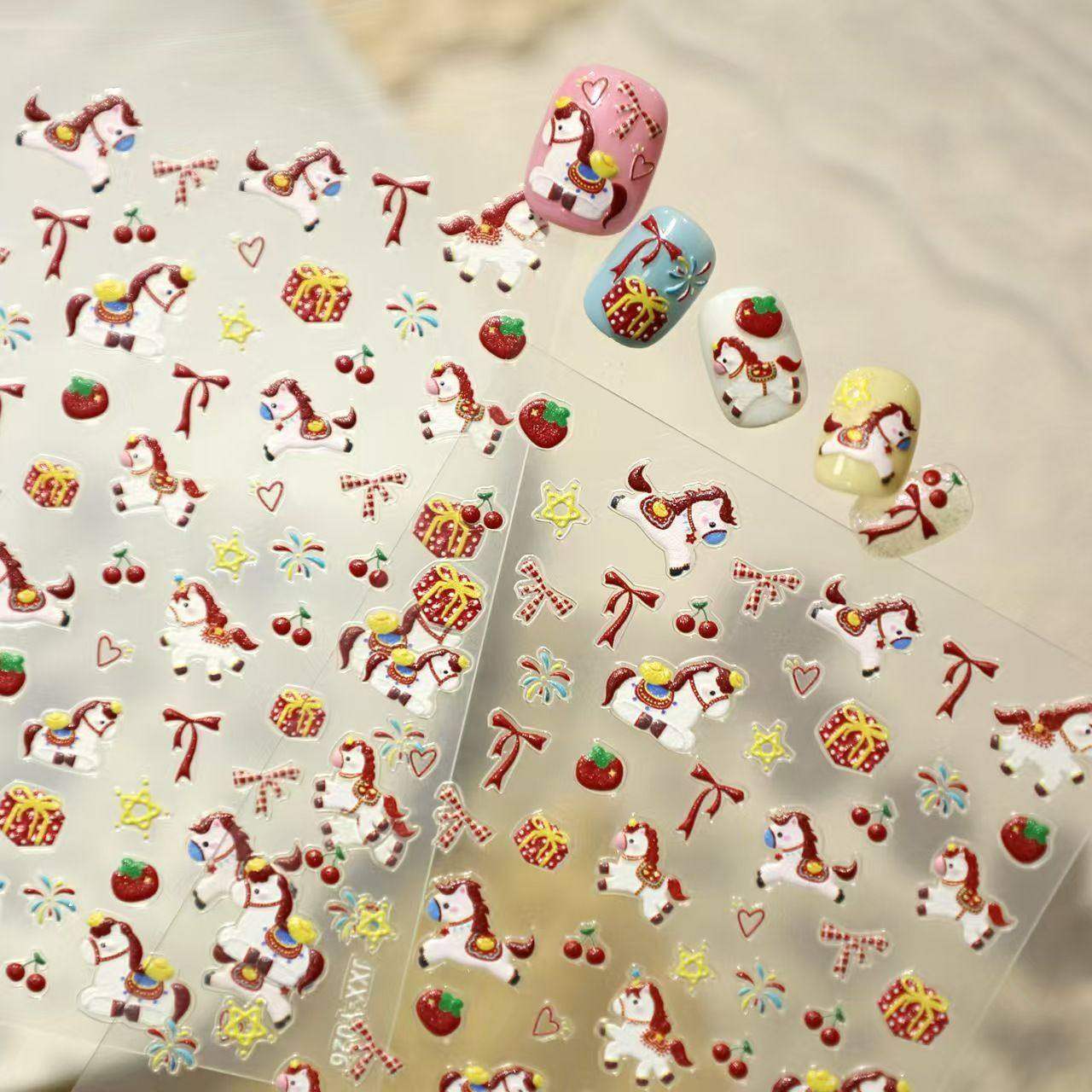 2026新年布纹小马美甲贴纸5D浮雕立体创意小马diy马年美甲饰品