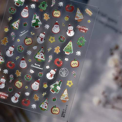 新款圣诞圣诞树雪人小熊美甲浮雕贴纸立体雪花姜饼指甲可爱贴花