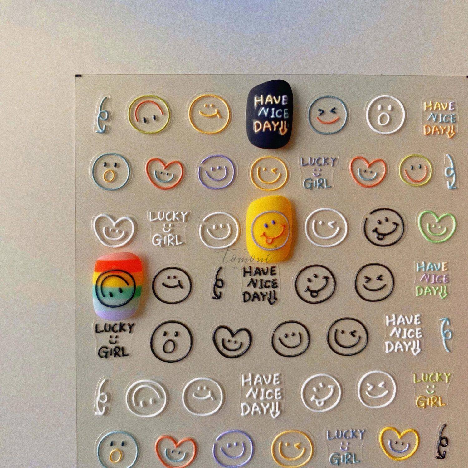 可爱美甲笑脸彩色浮雕立体可爱指甲diy字母学生高颜值背胶贴防水