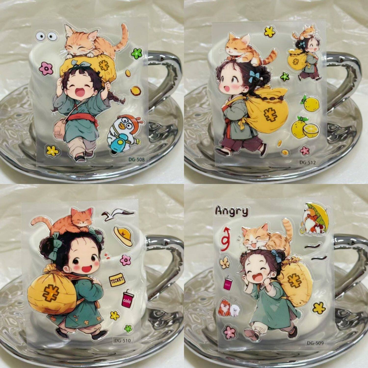 猫咪金币花朵背钱袋子手机贴纸