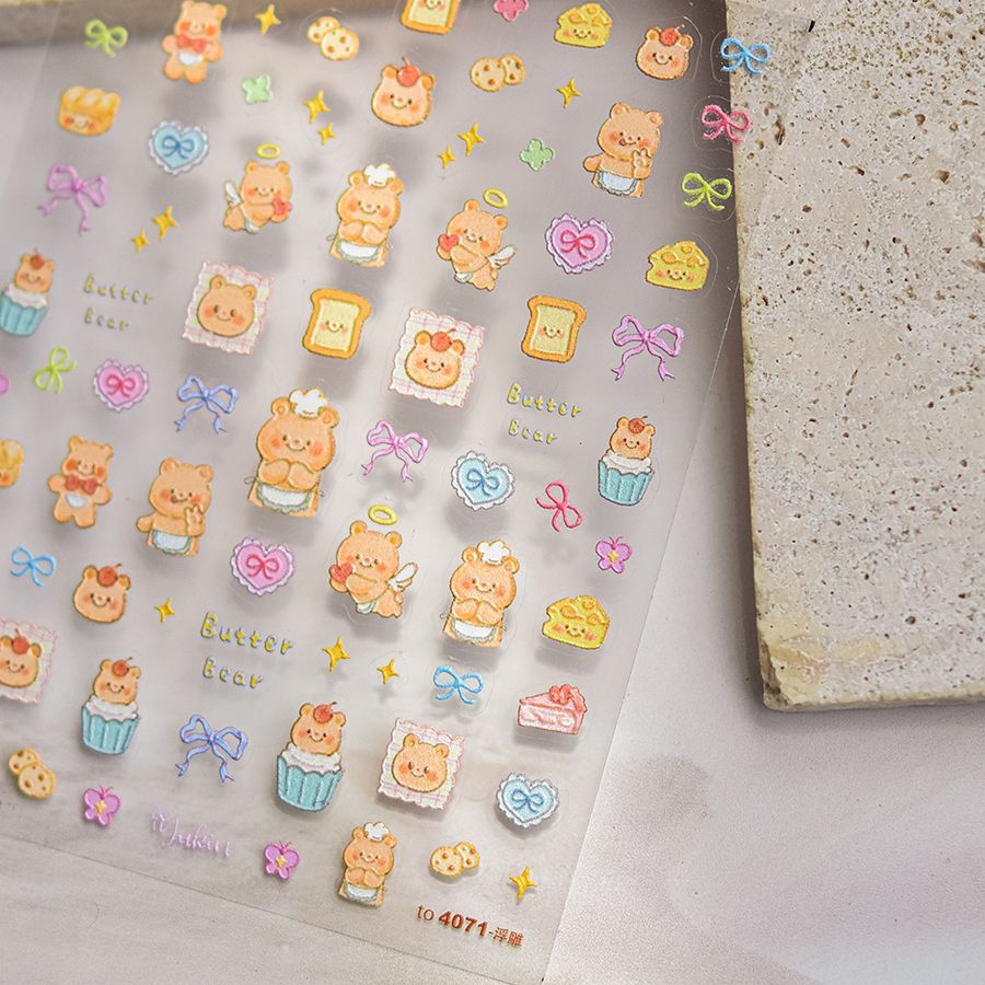 黄油小熊贴纸美甲卡通浮雕3d立体少女心装饰品防水潮流笔杆贴高级