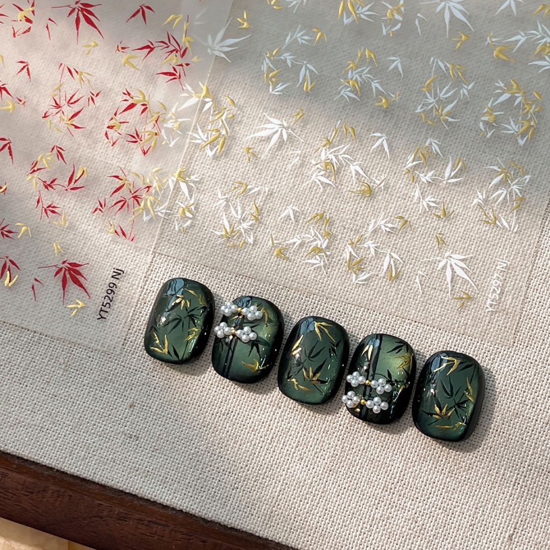 新中式斑斓竹子美甲贴纸中国古风竹影竹叶国风水墨diy指甲背胶