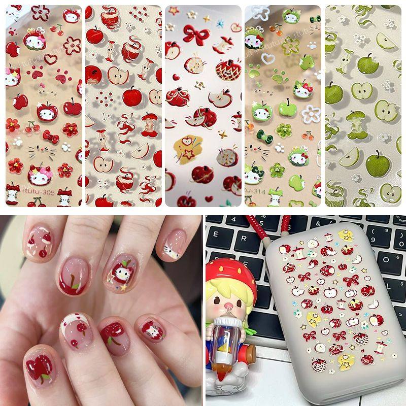 美甲贴纸浮雕可爱立体蝴蝶结kitty红苹果diy背胶充电宝ipad指甲贴