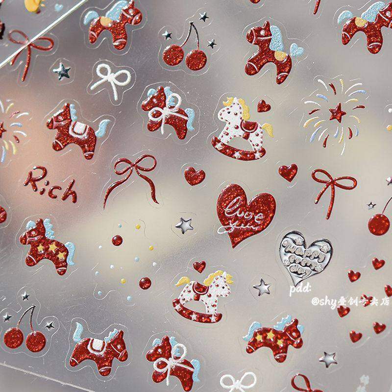 可爱爆闪喜庆红色马车爱心美甲贴纸暴富打工小马贴画装饰指甲diy,彩妆/香水/美妆工具,指甲装饰,淘宝优惠券,粉丝福利购,淘宝优惠卷