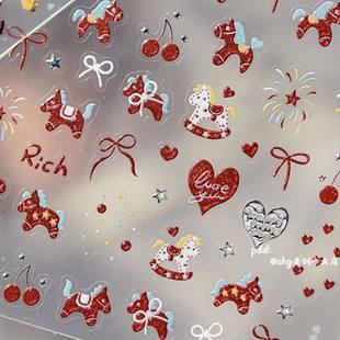 可爱爆闪喜庆红色马车爱心美甲贴纸暴富打工小马贴画装饰指甲diy