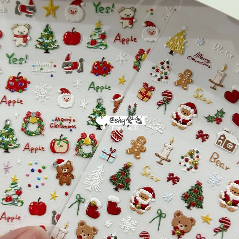 新款圣诞美甲贴纸立体雪花浮雕姜饼圣诞树雪人可爱指甲贴花装饰品
