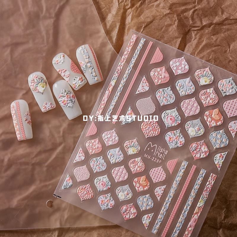 小清新碎花图案浮雕立体美甲贴纸