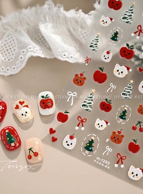 ins美甲浮雕可爱卡通圣诞树红色苹果猫咪小熊蝴蝶结指甲贴纸