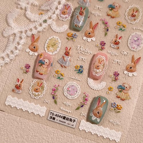 蕾丝刺绣小兔子浮雕立体美甲贴
