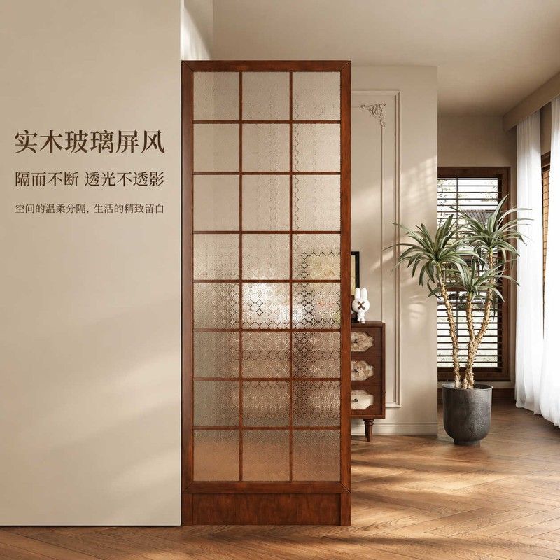 法式复古海棠花玻璃屏风隔断客厅家用实木入户正对门玄关遮挡座屏图片