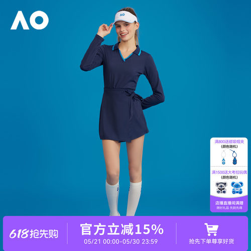 AO澳网运动连衣裙网球防走光女高尔夫运动裙V领运动休闲连衣裙
