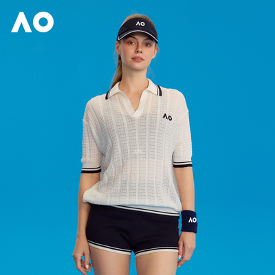 AO澳网V领休闲舒适透气百搭运动演绎商务与运动印花镂空POLO衫女