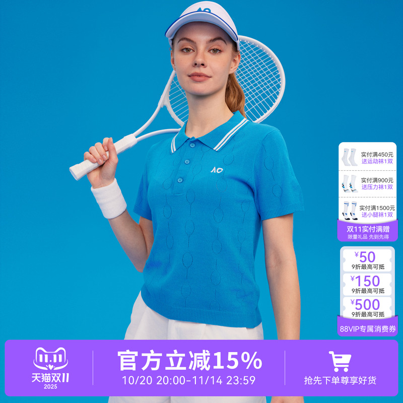 AO澳网运动POLO衫网球羽毛球女短袖T恤网球千金风网孔透气上衣