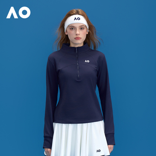 AO澳网秋冬新款加绒显瘦修身运动T恤女短款网球服半拉链套头卫衣