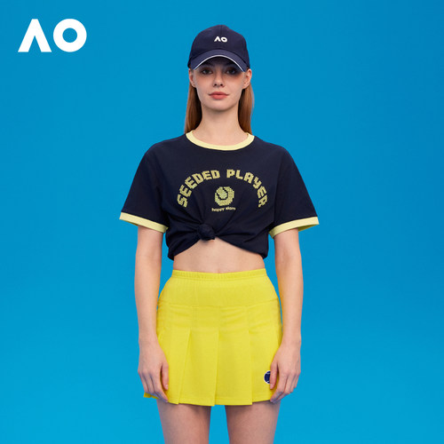 AO澳网运动T恤复古撞色时尚落肩舒适挺括复古撞色绣花短袖t恤女