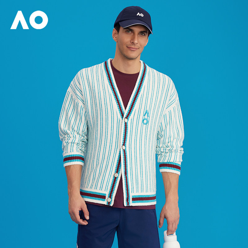AO澳网间条针织开衫外套男女同款宽松运动休闲针织衫外套