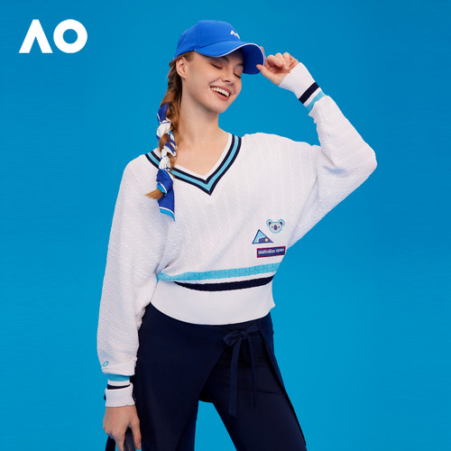 AO澳网运动毛衣V领短款扭花撞色针织衫运动线衫网球羽毛球上衣